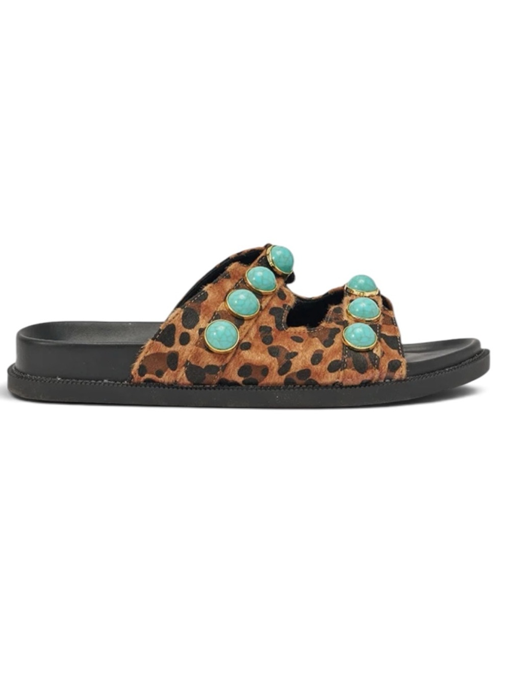 NWT AZALEA WANG UZUMATI LEOPARD SLIP ON SANDAL WITH STONES - Picture 2 of 6